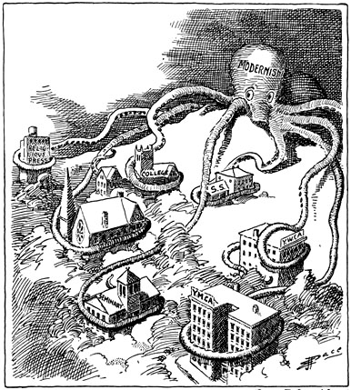 In this cartoon from the 1920s, cartoonist E.J. Pace shows the ways the "modernists" took over every institution, including colleges.