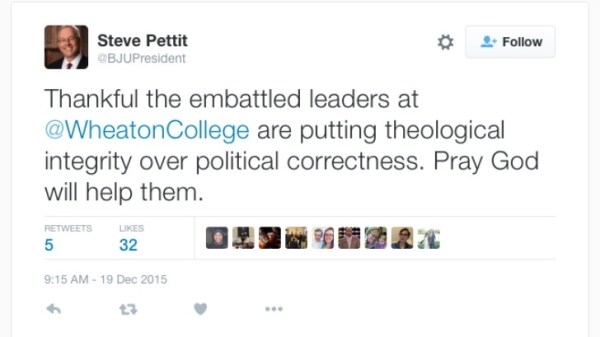 pettit tweet BJU supports Wheaton firing dec 2015