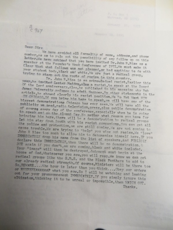 anti john rice demonstration warning letter