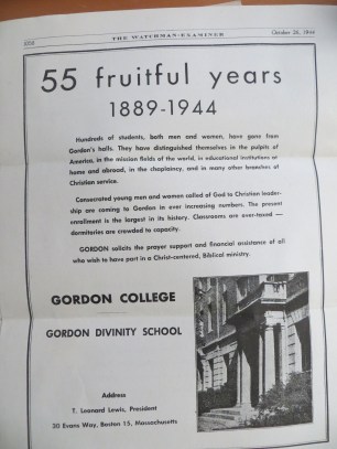 Gordon 1944 ad for donations in Watchman Examiner