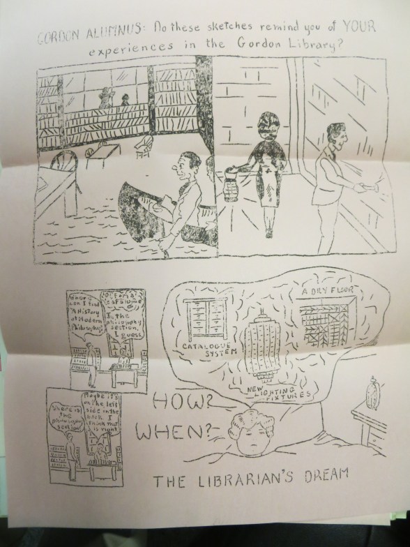 plea to alumnus funds for library cartoon