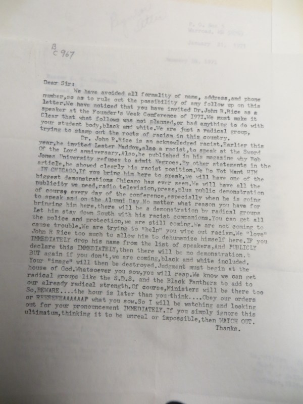 anti john rice demonstration warning letter