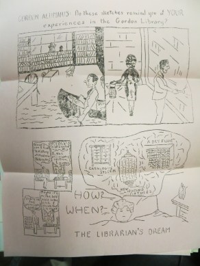 plea to alumnus funds for library cartoon