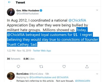 huckabee chik fil a tweet